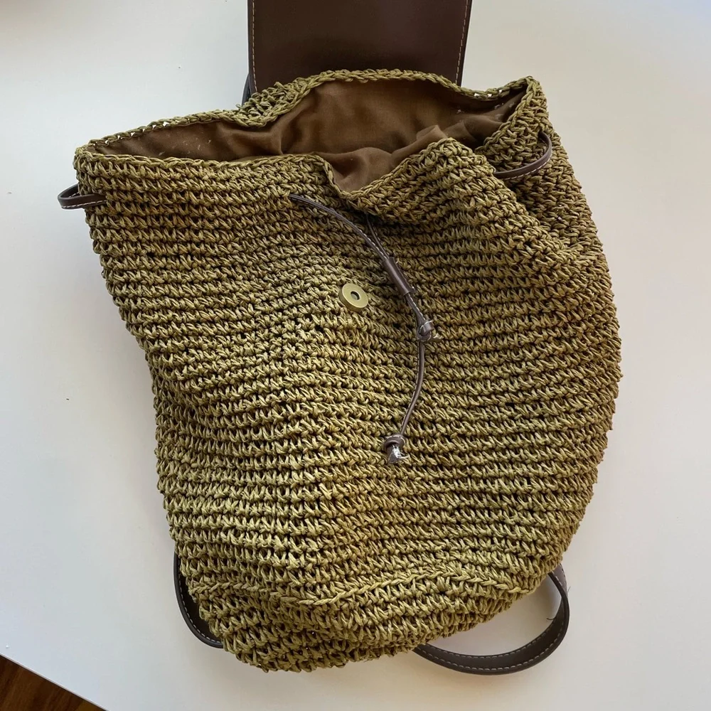 Cappelli Straworld Olive Green Woven Raffia Backpack Brown Faux Leather Trim‎